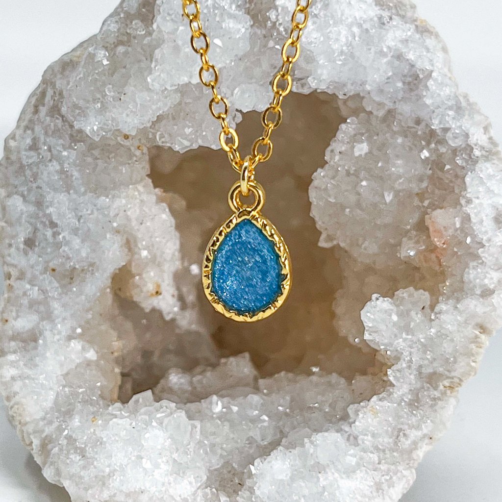 320 14k Gold Royal Blue Glitter Resin Teardrop Charm Handmade Pendant Necklace 13$